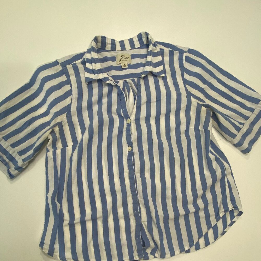 J.Crew Blue And White Striped Button Down Short Sleeve Blouse Top Shirt S